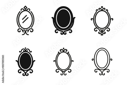 Vanity Mirror Icons. Vanity mirror. Icon set. Set Logo of Vanity mirror: wall-mounted mirror with lights. harmonious logo variations of the same emblematic