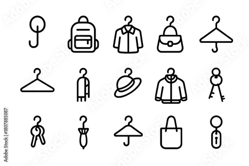 Hook System Icons. Hook storage system. Line icon set of Hook storage system: wall hook, backpack, coat, handbag, hanger, scarf, hat, jacket, keys, umbrella,