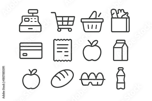 Grocery Checkout Icons. Grocery checkout. Line icon set of Grocery checkout: cash register, shopping cart, basket, credit card, receipt, grocery bag, apple,