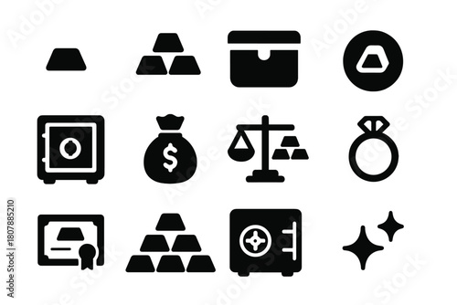 Gold Icons Set. Gold bars. Solid icon set of Gold bars: gold bar, stack of gold bars, treasure chest, coin, safe, money bag, scale, bullion, jewelry,