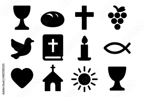 Holy Communion Symbols. Holy communion. Solid icon set of holy communion: chalice, bread, cross, grapes, bible, dove, candle, fish, heart, church, rays, cup.