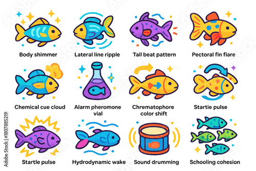 Fish Communication Icons. Communication signals in fish schools. Colorful isometric vector icons set of Communication signals in fish schools: body shimmer