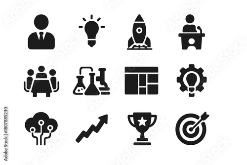 Innovation Icons Set. Innovation. Solid icon set of innovation: lightbulb, gear, rocket, atom, brain, circuit board, hand idea, tools, beaker, globe, puzzle