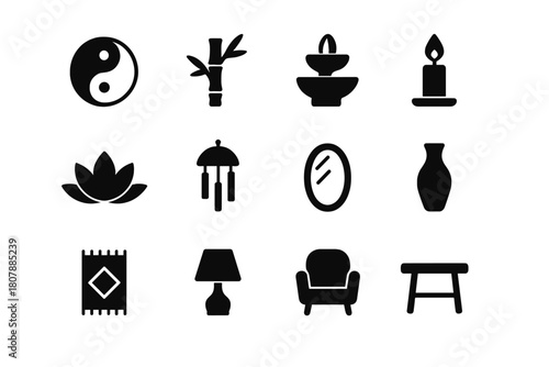 Feng Shui Elements Icons. Feng Shui interior design principles. Solid icon set of Feng Shui interior design principles: yin yang, bamboo plant, water fountain,