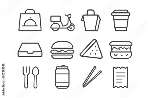 Food Delivery Icons. Takeout and delivery. Solid icon set of Takeout and delivery: food box, paper bag, scooter, tray, phone order, map pin, delivery person,