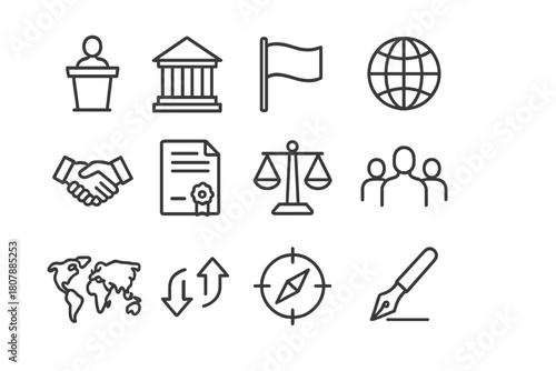 Global Politics Icons. Global Politics. Line icon set of Global Politics: podium, building, flag, globe, handshake, document, balance scales, people, map,
