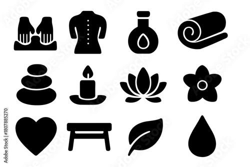 Massage Therapy Icons. Massage therapy. Solid icon set of massage therapy: hands, back, oil bottle, towel, stones, candle, lotus, flower, heart, table, leaf,