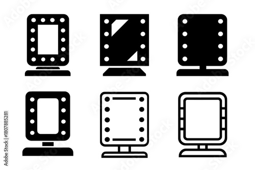 Vanity Mirror Icons. Vanity mirror. Icon set. Set Logo of Vanity mirror: wall-mounted mirror with lights. harmonious logo variations of the same emblematic