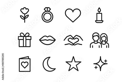 Romantic Gesture Icons. Romantic Spontaneity in Long-Term Relationships. Solid icon set of Romantic Spontaneity in Long-Term Relationships: surprise gift,