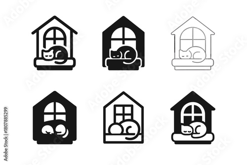 Pet-Friendly Home Icons. Pet-friendly home ideas. Icon set. Set Logo of pet-friendly home ideas: pet bed and blanket corner. harmonious logo variations of the