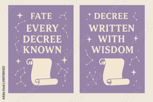 Elegant Vertical Banners. Fate & Decree. Two vertical A6 banners with safe margins, centered composition, no elements touching edges, modern, lavender and