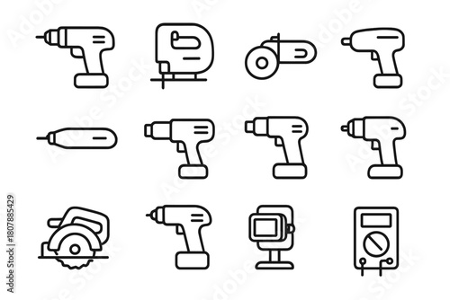 Electric Tool Icons. Electric tools set. Line icon set of Electric tools set: electric drill, jigsaw, angle grinder, sander, rotary tool, heat gun, impact