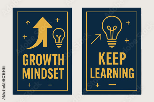 Growth and Learning Banners. Growth mindset. Two vertical A6 banners with safe margins, centered composition, no elements touching edges, bold, navy and gold,