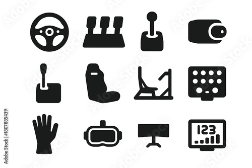 Racing Gear Icons. Racing Sim Gear. Solid icon set of Racing Sim Gear: racing wheel, pedals, shifter, wheel base, handbrake, racing seat, cockpit frame, button
