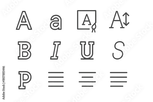 Font Style Icons. Font styles. Line icon set of Font styles: font style, bold text, italic text, underline, strikethrough, uppercase letter, lowercase letter,