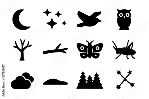 Night Wildlife Icons. Night sky and wildlife. Solid icon set of Night sky and wildlife: moon, stars, flying nightjar, owl, tree, branch, moth, crickets, night