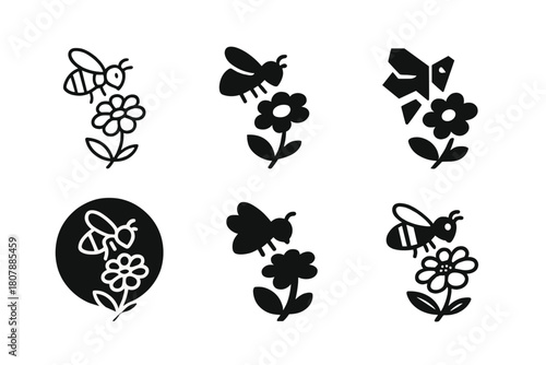 Pollination Icon Set. insects in pollination. Icon set. Set Logo of insects in pollination: bee hovering over flower. harmonious logo variations of the same
