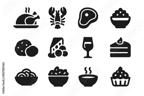 Festive Feast Icons. Festive Feast. Solid icon set of Festive Feast: roasted turkey, lobster, steak, caviar, truffle, cheese platter, wine glass, chocolate