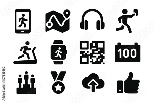 Virtual Running Icons. Virtual Run. Solid icon set of Virtual Run: smartphone app, map route, headphones, selfie, treadmill, smartwatch, QR code, bib number,