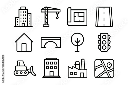 Urban Development Icons. Urban development. Line icon set of Urban development: skyscraper, construction crane, blueprint, road, house, bridge, tree, traffic