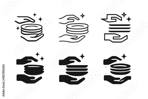 Stacking Plates Icons. Stacking clean plates. Icon set. Set Logo of stacking clean plates: hands arranging dishes. harmonious logo variations of the same