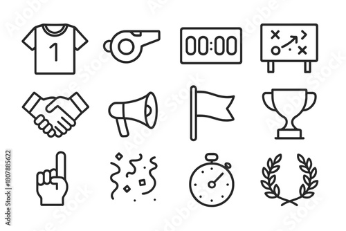 Team Sports Icons. Team sports motivation. Line icon set of team sports motivation: jersey, whistle, scoreboard, strategy board, handshake, megaphone, team
