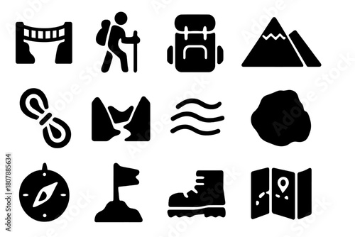 Mountain Crossing Icons. Mountain crossing. Solid icon set of Mountain crossing: rope bridge, hiker, backpack, mountain peak, safety rope, valley, wind lines,