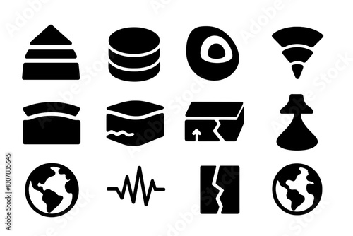 Earth Layer Icons. Earth layers. Solid icon set of Earth layers: crust, mantle, outer core, inner core, lithosphere, asthenosphere, tectonic plate, magma