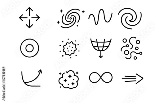 Dark Energy Icons. Dark energy and acceleration. Line icon set of dark energy and acceleration: expanding arrows, galaxy drift, energy wave, vacuum symbol,