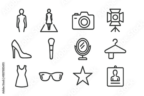 Fashion Icon Array. Modeling industry. Line icon set of modeling industry: model silhouette, runway, camera, spotlight, high heels, makeup brush, mirror,