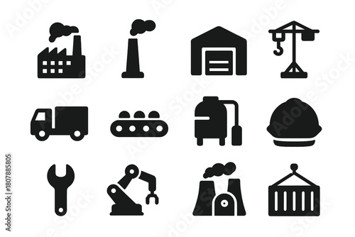 Industrial Icon Grid. Industrial district. Solid icon set of Industrial district: factory, smokestack, warehouse, crane, cargo truck, conveyor belt, storage