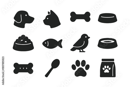 Animal Feeding Icons. Animal feeding. Solid icon set of Animal feeding: dog, cat, bone, food bowl, kibble, fish, bird, water bowl, treat, spoon, paw print, pet