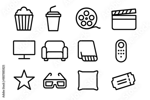 Movie Night Icons. Movie night. Line icon set of movie night: popcorn bucket, soda cup, film reel, clapperboard, tv screen, couch, blanket, remote control,