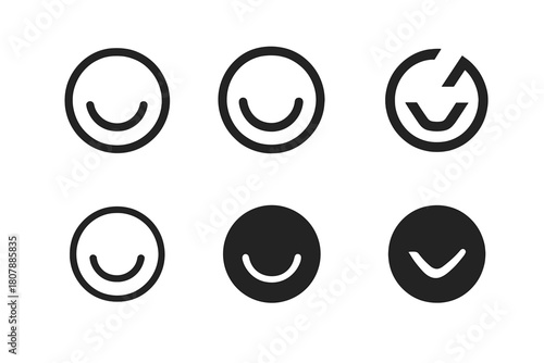 Smiling Logo Variations. Smiling. Icon set. Set Logo of smiling: smile curve within circle. harmonious logo variations of the same emblematic concept, each