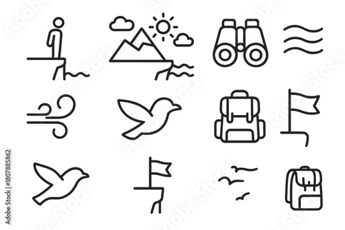 Cliffside Icon Set. Cliffside View. Line icon set of Cliffside View: person, cliff edge, sea, waves, mountain, clouds, sun, binoculars, flag, wind, bird,