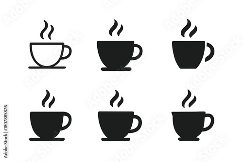 Teacup Logo Icons. Preparing a warm drink. Icon set. Set Logo of Teacup: Steam rising from cup. Minimal outline, Filled silhouette, Abstract geometric,