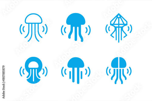Bioluminescent Icons. Bioluminescence and human applications. Icon set. Set Logo of Bioluminescence: glowing jellyfish emitting light waves. harmonious logo