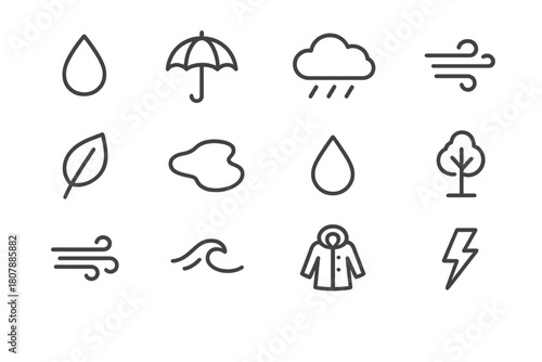Weather Icon Set. Rain and wind. Line icon set of rain and wind: raindrop, umbrella, cloud, wind swirl, leaf, puddle, water droplet, tree, gust lines, wave,