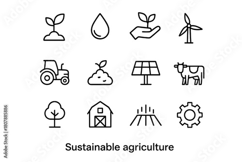 Sustainable Farming Icons. Sustainable farming. Icon set. Set Logo of Sustainable farming: Tractor in field. harmonious logo variations of the same emblematic
