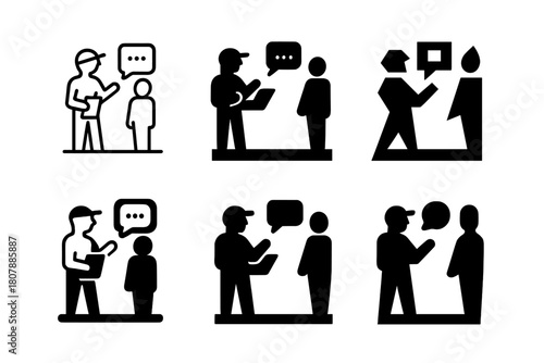 Director Feedback Icons. A director giving feedback to an actor on their performance. Icon set. Set Logo of a director giving feedback to an actor on their