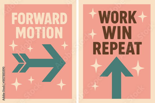 Retro Forward Banners. Forward motion. Two vertical A6 banners with safe margins, centered composition, no elements touching edges, retro, pink and teal,