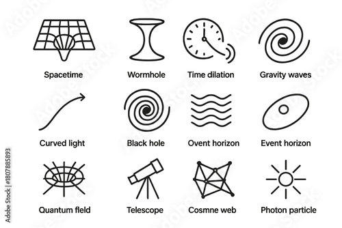 Space-Time Icon Set. Space-time curvature. Line icon set of space-time curvature: gravity grid, curved arrow, planet bending light, black hole, wormhole ring,