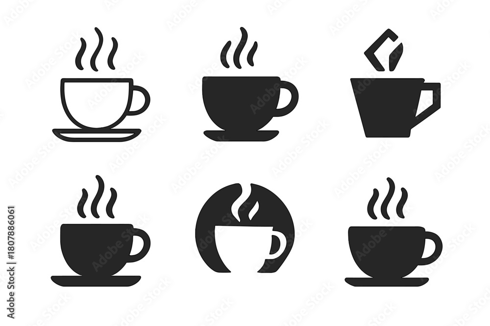Obraz premium Teacup Logo Icons. Preparing a warm drink. Icon set. Set Logo of Teacup: Steam rising from cup. Minimal outline, Filled silhouette, Abstract geometric,