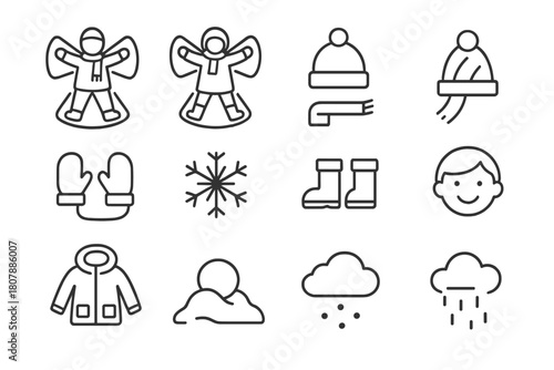 Snow Angel Icons. Children making snow angels. Line icon set of children making snow angels: child silhouette, snow angel shape, mittens, scarf, hat,