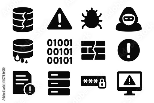 Data Breach Icons. Data breach warning. Line icon set of data breach warning: broken shield, exclamation mark, lock, hacker, laptop, alert triangle, document,