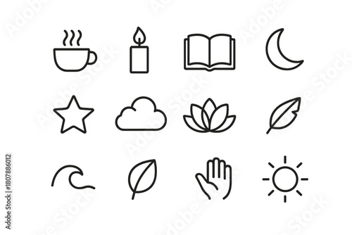 Calm Icons Collection. Calm moments. Line icon set of calm moments: cup of tea, candle, book, moon, star, cloud, lotus flower, feather, wave, leaf, hand, sun.