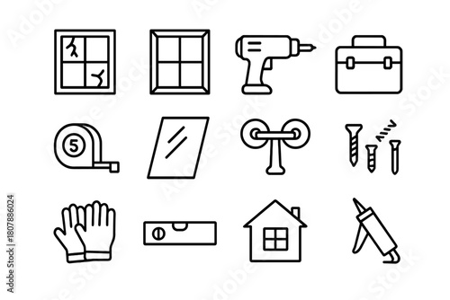 Window Replacement Icons. Window Replacement. Line icon set of Window Replacement: old window, new frame, drill, toolbox, tape measure, glass, suction cup,