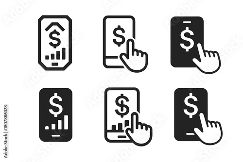 Finance App Logos. Managing finances with an app. Icon set. Set Logo of managing finances with an app: mobile banking interface. harmonious logo variations of