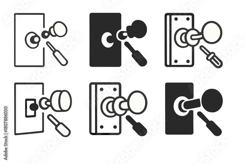 Door Hardware Logos. Replacing door hardware (knob or handle). Icon set. Set Logo of replacing door hardware (knob or handle): modern door plate with dual