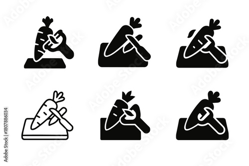 Vegetable Peeling Icons. Peeling vegetables. Icon set. Set Logo of peeling vegetables: hand with peeler and carrot. harmonious logo variations of the same